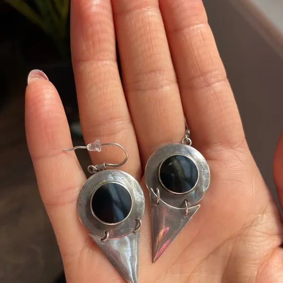Sterling Silver Black Onyx Point Drop Earrings - Picture 2 of 3